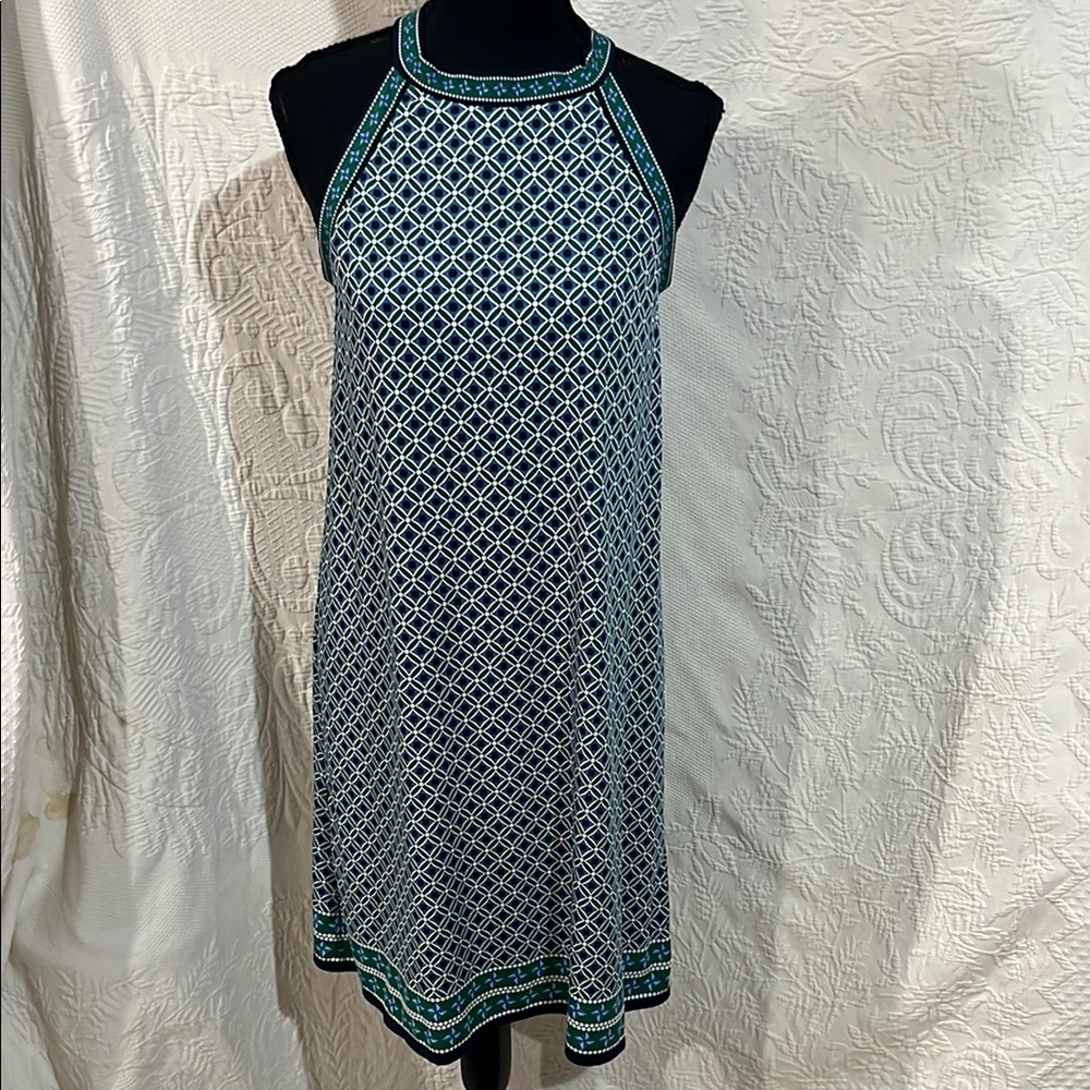 Max Studio Geometric Halter Dress in Blue and Green, size medium